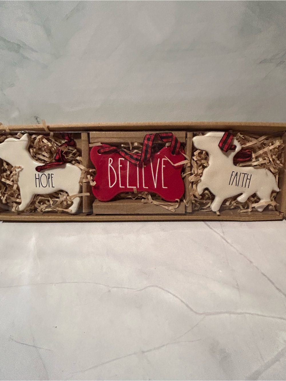 Dog Holiday Believe, Hope & Faith Ornaments - Red and Cream Set